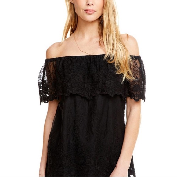Chaser Lace Flouncy Off The Shoulder Top Black - Picture 6 of 7